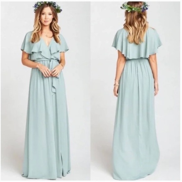 NWOT Show Me Your Mumu Dress XS Audrey Maxi Sliver Sage Ruffle Belted Bridesmaid - Picture 1 of 11